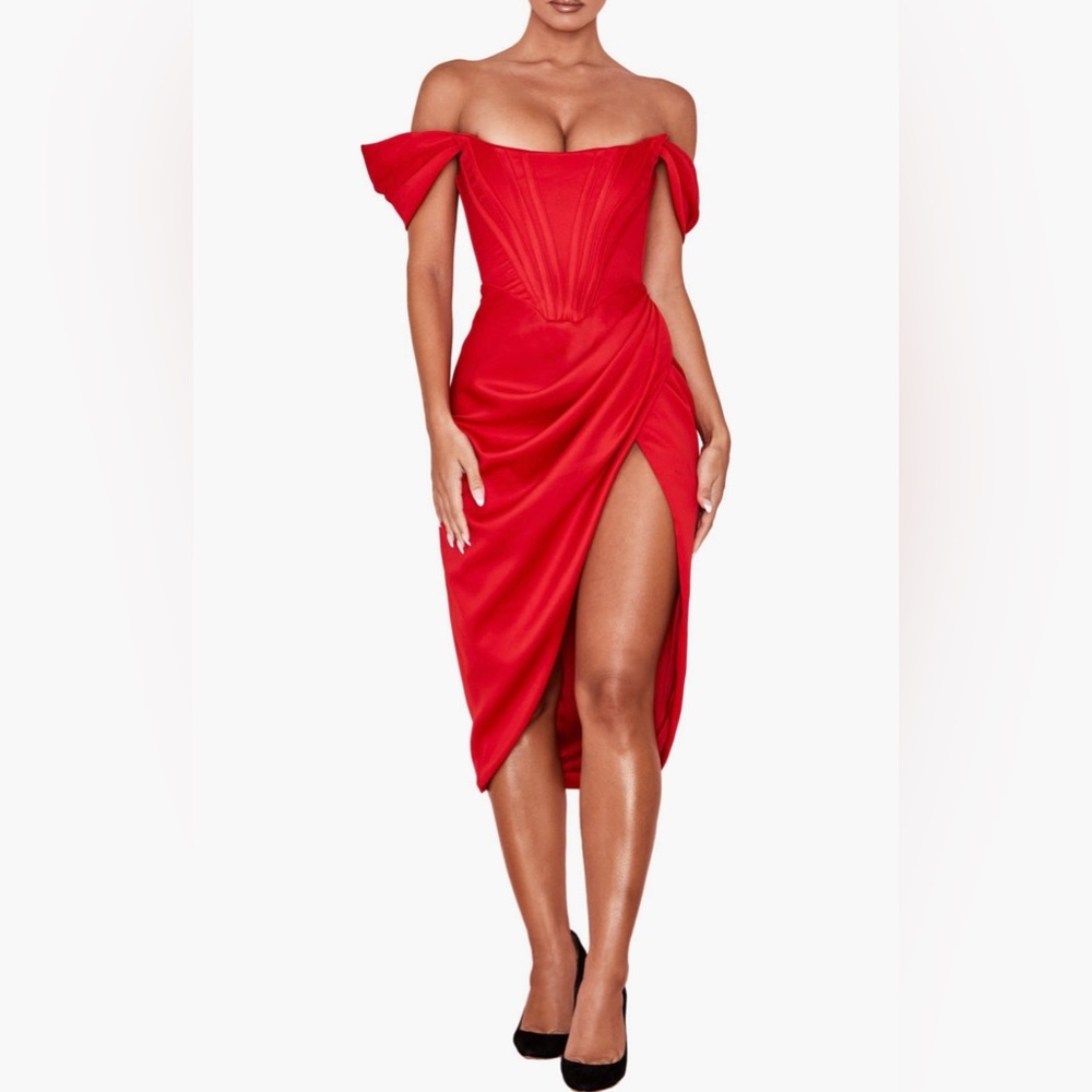 House of CB Red Loretta Off the Shoulder Satin Corset Dress